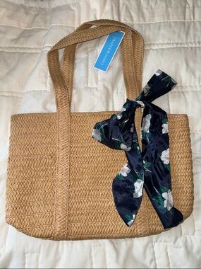Draper James Tan Woven Straw Tote with Navy Floral Scarf Accent